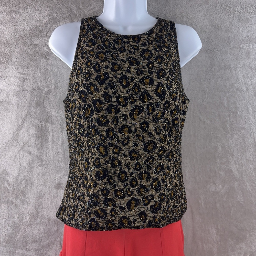 Cecily Brown Cheetah Beaded Tank Top Womens Size Medium Black Gold Silk Evening‎